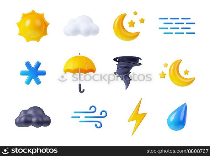 3d render weather icons set, sun shining, black or white clouds, lightning and snowflake. Raindrop, wind, fog, umbrella, tornado and crescent with stars forecast app elements, Cartoon illustration. 3D render weather icons set, sun, clouds, crescent