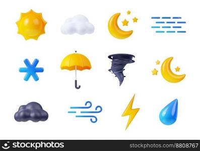 3d render weather icons set, sun shining, black or white clouds, lightning and snowflake. Raindrop, wind, fog, umbrella, tornado and crescent with stars forecast app elements, Cartoon illustration. 3D render weather icons set, sun, clouds, crescent