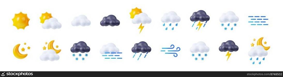 3d render weather icons set, sun shining, clouds, lightnings and snow or rain forecast elements for web design. Cartoon illustration in plastic minimal style, isolated objects on white background. 3d render weather icons set, sun shining, clouds