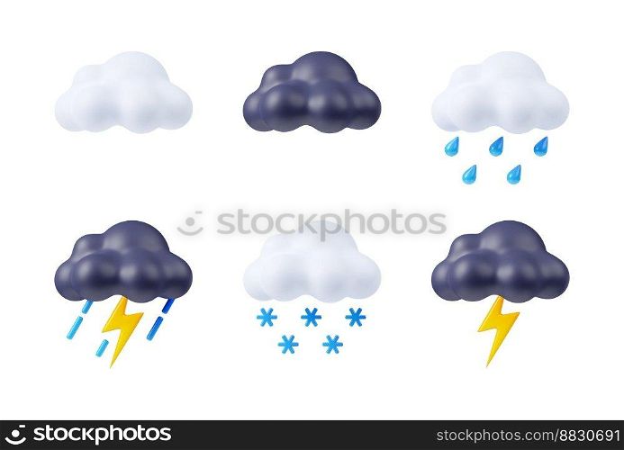 3d render weather icons set, white and black clouds with lightning flashes, snowflakes and rain drops. Application forecast elements, Cartoon illustration in plastic style isolated on white background. 3d render weather icons, white and black clouds