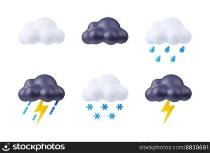 3d render weather icons set, white and black clouds with lightning flashes, snowflakes and rain drops. Application forecast elements, Cartoon illustration in plastic style isolated on white background. 3d render weather icons, white and black clouds