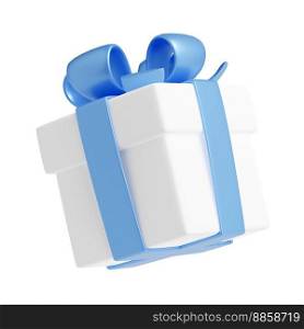 3D render white gift box with blue ribbon, Isolated package with glossy bow. Holiday present, bonus, prize, male birthday, christmas, new year or wedding surprise, Illustration cartoon plastic style. 3D render white gift box with blue ribbon, package