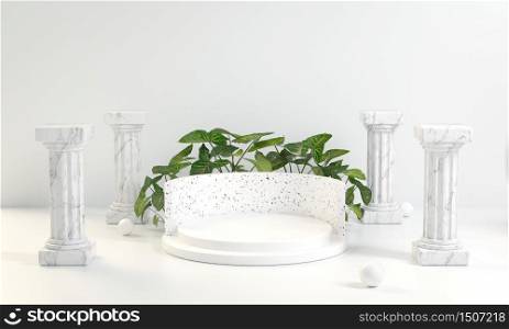 3d render white platform with marble pillars and plants background, 3d illustration.