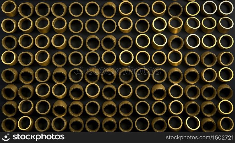 3d rendered abstract image of golden tubes or cylinders on black background. Perfect illustration for placing your text or object. Backdrop with copyspace in minimalistic style. Minimalist background. 3d render abstract image of golden tubes or cylinders on black background. Perfect illustration for placing your text or object. Backdrop with copyspace in minimalistic style. Minimalist background