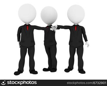 3d rendered business people in uniform putting hands together all for one - Business team union concept - Image on white background with soft shadows