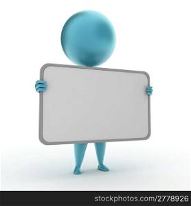 3d rendered illustration of a blue guy with a blank sign