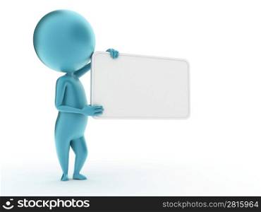3d rendered illustration of a blue guy with a blank sign