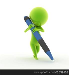 3d rendered illustration of a guy writing with a pen