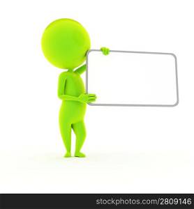 3d rendered illustration of a little green guy and a blank sign