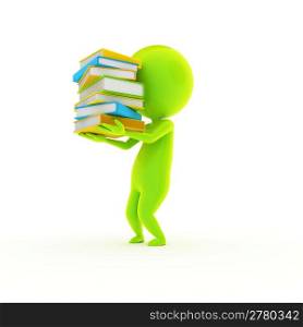 3d rendered illustration of a little green guy and a staple of books