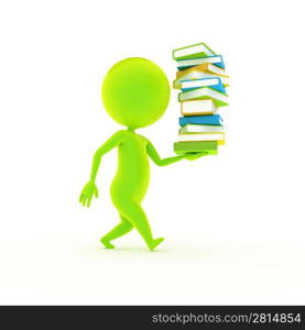 3d rendered illustration of a little green guy and a staple of books