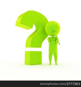 3d rendered illustration of a little green guy with a question mark