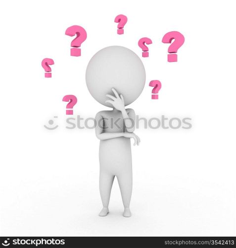 3d rendered illustration of a little guy and a lot of question marks
