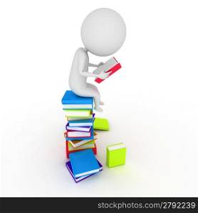 3d rendered illustration of a little guy reading books