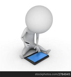 3d rendered illustration of a little guy with a tablet pc