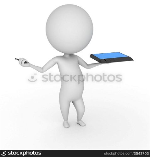 3d rendered illustration of a little guy with a tablet pc