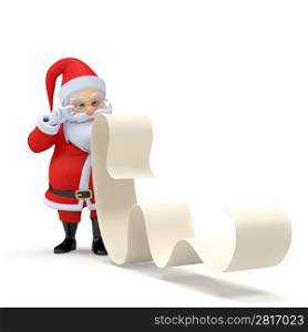 3d rendered illustration of a little santa with a long wishlist