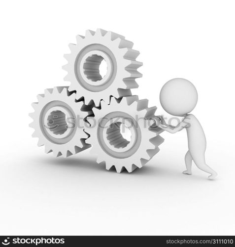 3d rendered illustration of a little white guy with some gears