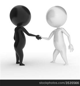 3d rendered illustration of two little guys shaking hands