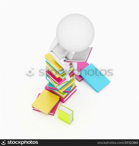 3d rendered little guy sitting on a staple of books