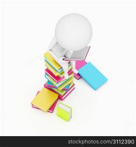 3d rendered little guy sitting on a staple of books