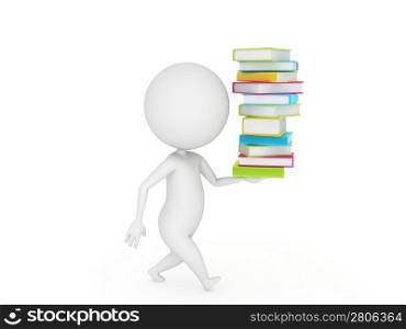 3d rendered little guy walking with a pile of books