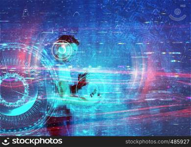 3D rendered man in VR glasses with grunge glitch texture, abstract tech background. 3d illustration.