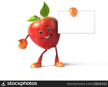 3d rendered red apple holding a sign