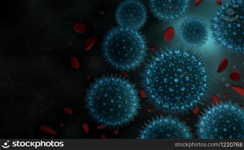 3d rendered Virus in red Blood Stream cell in black background. Coronavirus concept resposible for asian flu outbreak and coronaviruses influenza as dangerous flu strain cases as a pandemic.