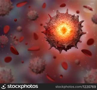 3d rendered Virus in red Blood Stream cell in color background. Coronavirus concept resposible for asian flu outbreak and coronaviruses influenza as dangerous flu strain cases as a pandemic.