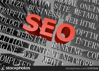3D rendered word cloud of SEO concept