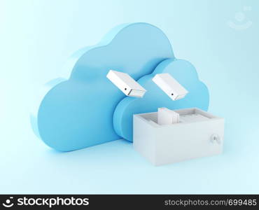 3d renderer illustration. File storage in cloud. Cloud computing concept on blue background.