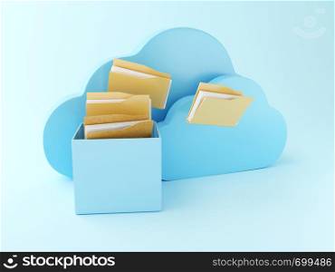 3d renderer illustration. File storage in cloud. Cloud computing concept on blue background.