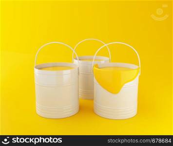 3d renderer illustration. Full paint buckets on yellow background.