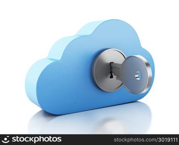 3d renderer image. Cloud locked by key. Cloud computing concept. Isolated white background.