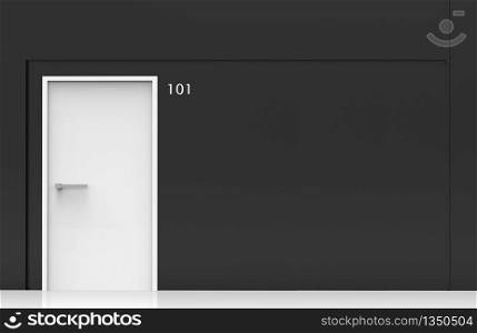 3d rendering. 101 room number on white door on black cement wall background.