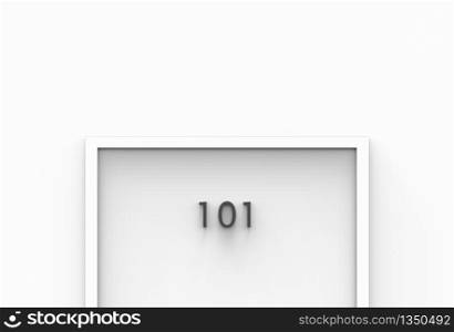 3d rendering. 101 room number on white door on simple white wall background.