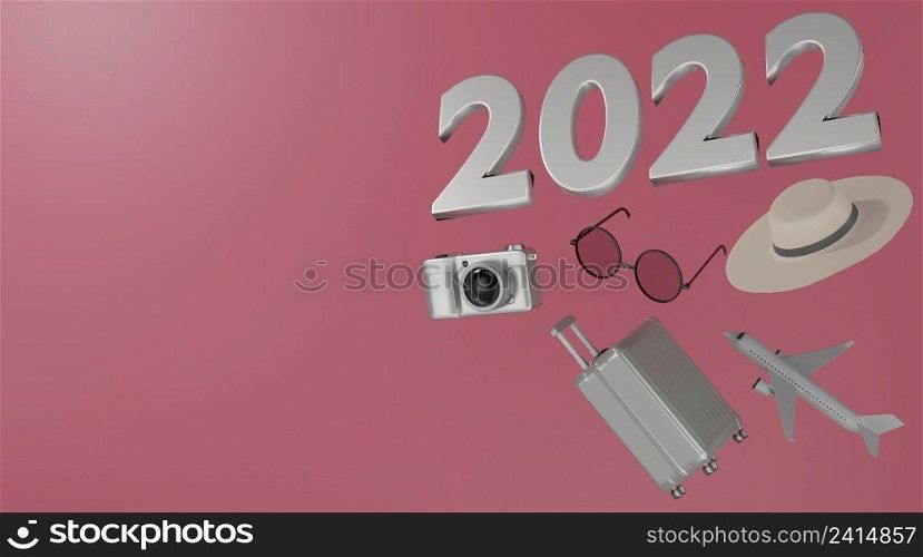 3d rendering. 2022 Traveling concept suitcase camera airplane hat and sunglasses on pink background.