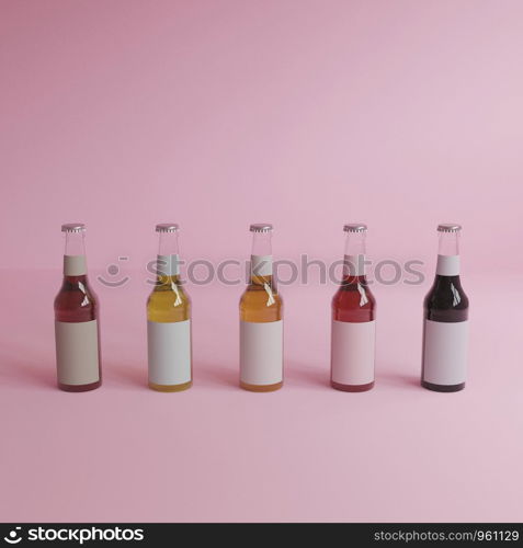 3d rendering 5 glass bottles of water with white labels, pink background,minimal style,pastel colour