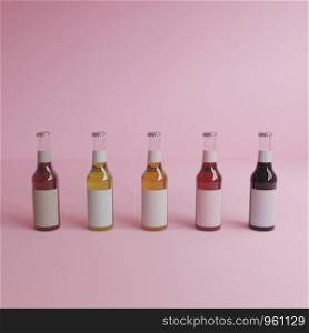 3d rendering 5 glass bottles of water with white labels, pink background,minimal style,pastel colour