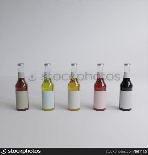 3d rendering 5 glass bottles of water with white labels, white background,minimal style,pastel colour