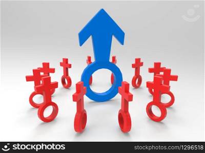 3d rendering. A big Blue Male standing among circle row of Red Female gender sign. Man salary or any claim is higher than women in gender pay gap concept.