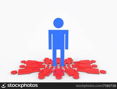3d rendering. A big blue male standing on group of red female gender sign. gender pay gap concept