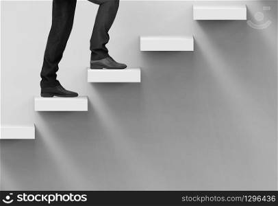 3d Rendering. A business man climbing up on staircase with copy space wall background.