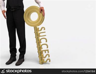 3d rendering. A business man holding or handle gently a golden success key on copy space gray background.