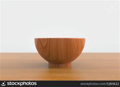 3d rendering. a empty japanese miso soup wood bowl on brown wooden table with gray copy space as background.