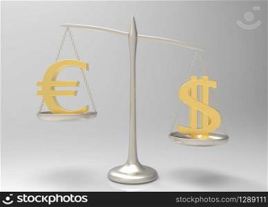 3d rendering. A golden Dollar is heavy than Euro currency sign on silver balance scale. the heavest has great value than other in business concept.