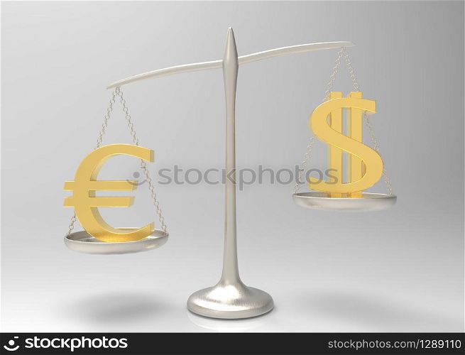 3d rendering. A golden Euro is heavy than Dollar currency sign on silver balance scale. the heavest has great value than other in business concept.