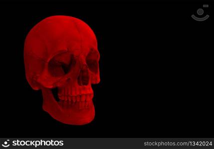 3d rendering. A horror Red halloween human head skull bone isolated on black background.