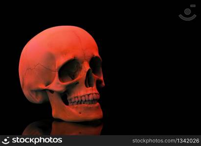 3d rendering. A horror Red halloween human head skull bone woth reflection isolated on black background.